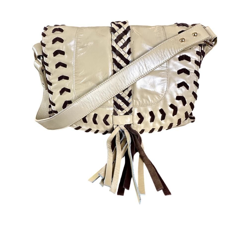 THE FIND Women's Whipstitch Tassel Leather Shoulder Flap Bag/Purse Cream/Brown